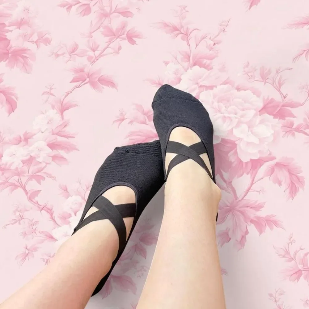 Women's Black Socks Lace Crossover Pilates Ballet Padded Grip